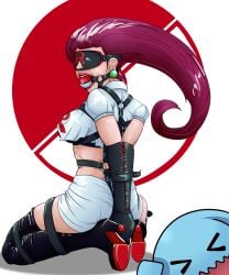 1girls arms_behind_back ball_gag blindfold blindfolded bondage bound bound_arms bound_legs female female_only femsub gag gagged high_heel_boots high_heels jessie_(pokemon) kneeling meowitzher miniskirt png pokemon skirt team_rocket team_rocket_uniform thigh_boots thigh_high_boots