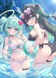 2girls :d :o ass beach beach_ball blush cleavage cute dot_mouth inviting large_ass large_breasts looking_at_viewer mikaze_oto multiple_girls open_hand shortstack smile