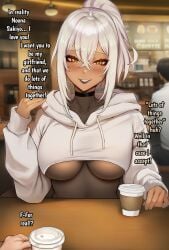 1boy 1girls ai_generated akyoi big_ass big_breasts black_bodysuit black_lipstick blush caption coffee collarbone comic doujinshi hoodie looking_at_viewer netorare ntr original_character patreon ponytail short_hair shorts text white_hair yellow_eyes