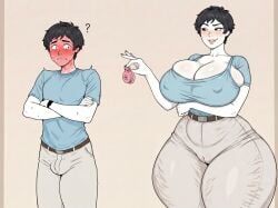 1boy1girl ai_generated bojack chastity_cage femdom flat_chastity_cage large_breasts large_dom_small_sub larger_female taller_female