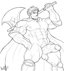 abs adonis_belt armands axe bara biceps black_and_white boner boots cape erection fire_emblem fire_emblem:_the_blazing_blade hector_(fire_emblem) male_only monochrome muscle muscled muscles muscular muscular_male pecs pubic_hair solo veiny_penis wolf_con_f yaoi