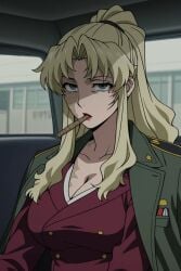 1girl ai ai_art ai_generated black_lagoon blonde_hair blue_eyes breasts burn_scar car_interior cigar cleavage coat coat_on_shoulders collarbone formal green_jacket jacket jacket_on_shoulders large_breasts lips lipstick long_hair looking_at_viewer makeup mole mole_under_eye ponytail red_jacket red_lips scar scar_on_face sidelocks sitting smoking solo suit upper_body