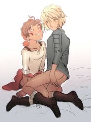 2girls ass blonde_hair boots bottomless brown_hair clementine_(the_walking_dead) clothes_around_waist dark-skinned_female dark_skin edit hjoe8 looking_at_another multiple_girls shirt short_hair sitting smile sweater the_walking_dead the_walking_dead_game violet_(the_walking_dead) yuri