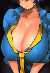 1girls ai_generated atlus big_breasts blue_hair breasts busty cleavage clothed_female clothing female female_focus looking_at_viewer persona persona_4 shirogane_naoto short_hair solo solo_female steam sweat sweatdrop sweating