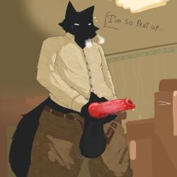 1:1 absurd_res animal_genitalia animal_penis anthro balls big_balls black_body black_fur canid canine canine_genitalia canine_penis canis clothed clothing darehare fur genitals hi_res male mammal masturbation office open_clothing open_shirt open_topwear penis shirt solo the_backrooms topwear wolf