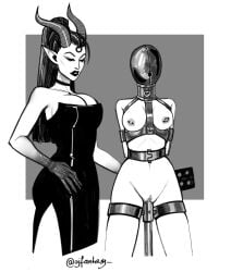 2girls ajfantasy arms_behind_back blindfolded bondage bound bound_arms cleavage collar demon demon_horns dress female female_only femdom femsub hairless_pussy hood horns lezdom monochrome nipple_piercing piercing png pointy_ears posture_collar sensory_deprivation sensory_deprivation_hood stationary_restraints steel_bondage thigh_cuffs