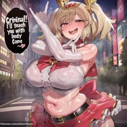 1girl 2026 2d absurd_res absurd_resolution absurdres ai_generated belt blonde_hair blush bow breasts burnice_white covered_nipples elbow_gloves english_text frills gloves heart hi_res high_quality high_resolution highres image large_breasts looking_at_viewer magical_girl midriff navel night open_mouth outdoors patreon patreon_username rape raped raped_by_monster raped_female red_eyes skirt sleeveless smile solo speech_bubble sweat twintails uncensured watermark wavy_mouth wet white_gloves xdomikami zenless_zone_zero