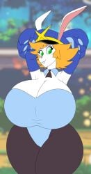 aiko_(dekaduck) aiko_rosewood bbw breasts bunny bunny_ears bunnysuit dekaduck_(game) female foxtide888 green_eyes huge_breasts huge_hands leotard playboy_bunny playboy_bunny_leotard police police_hat policewoman rabbit smile thicc