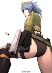 1girls aiming_at_viewer aiming_gun aiming_weapon angry artist_name ass big_breasts black_bra black_gloves black_panties black_thong black_underwear blue_eyes blue_hair bra brazilian brazilian_female breasts butt clothed costume defal_hady_(artist) eye_contact eyepatch eyeshadow female female_only female_soldier gloves green_jacket holding_gun holding_pistol holding_weapon huge_breasts jacket king_of_fighters latex latina latina_female leather leona_heidern light-skinned_female light_skin long_hair looking_at_viewer low-angle_view medium_hair midriff military military_hat military_jacket military_uniform pale-skinned_female pale_skin pantsu ponytail simple_background snk snk_heroines:_tag_team_frenzy soldier solo solo_female thick_thighs thighs thong tied_hair underwear uniform voluptuous voluptuous_female watermark wide_hips
