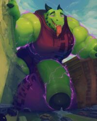 abs biceps furry green green_skin growing growth horns hyper lightning looking_pleasured male male_focus muscle muscles muscular muscular_arms muscular_legs muscular_male muscular_thighs nommz pecs precum precum_on_ground purple reptile solo solo_male spikes veins veiny_penis