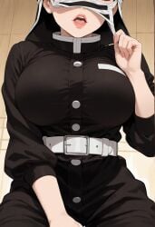 beautiful_female heavy_breathing kakushi_(kimetsu_no_yaiba) kneeling large_breasts lips open_mouth thick_thighs