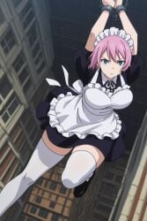 1girl ai ai_art ai_generated apron arms_up blue_eyes bound breasts chain cuffs fairy_tail handcuffs large_breasts maid maid_apron maid_headdress pink_hair short_hair solo thighhighs white_thighhighs zettai_ryouiki