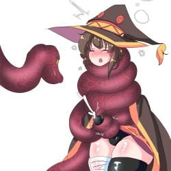 1futa 2024 blush closed_eyes clothed clothing coiling cum cum_through_clothes ejaculation erection erection_under_clothes feral futa_only futanari hi_res human intersex kono_subarashii_sekai_ni_shukufuku_wo! light-skinned_futa light_skin megumin mostly_clothed orgasm panties restrained skindentation snake solo sonazthewho standing tail_sex tailjob thick_thighs thighhighs white_background witch_hat