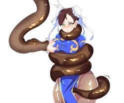 1girls 2024 blush breast_feeding breast_sucking breasts brown_hair bun_cover capcom chun-li coiling coils crossover disney eastern_and_western_character female hair_buns hypnotized kaa kaa_eyes pantyhose side_slits simple_background snake sonazthewho street_fighter the_jungle_book torn_clothes twin_buns very_high_resolution white_background