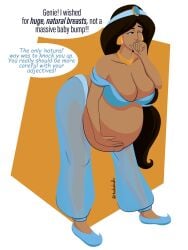 1girls aladdin belly big_belly big_breasts black_hair breasts cleavage dark-skinned_female dark_skin dialogue disney female instant_pregnancy large_breasts magic_pregnancy middle_eastern middle_eastern_female one_eye_closed outie_navel pregnant pregnant_belly pregnant_female princess_jasmine solo tagme_(artist) text