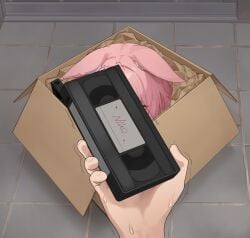 1boy 1girl animal_ear_fluff animal_ears blue_archive blue_eyes cardboard_box decapitation empty_eyes fox_ears fox_girls gore ju_ge niko_(blue_archive) pink_hair pov severed_head videocassette