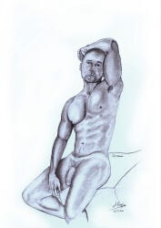 birthday_suit dad_bod daddy gay gay_male handdrawn handdrawn_art male male_model male_only naked naked_male pencil_(artwork) pencil_sketch sketches_by_adab
