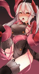 4tb_(4tera_byte) ambiguous_penetration antenna_hair azur_lane bangs black_dress black_legwear black_panties blush breasts covered_navel covered_penetration dress erect_nipples female garter_straps gradient gradient_background hair_between_eyes headgear highres implied_penetration implied_sex iron_cross large_breasts leg_grab looking_at_viewer multicolored_hair nose_blush open_mouth orange_eyes panties prinz_eugen_(azur_lane) sex_under_clothes sex_under_dress sideboob silver_hair solo streaked_hair sweat tears tentacle tentacle_sex tentacle_under_dress tentacles_under_clothes thighhighs tongue tongue_out torogao two_side_up underwear