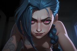 1girl ai ai_art ai_generated arm_tattoo asymmetrical_bangs blue_hair blurry blurry_background braid breasts closed_mouth completely_nude green_hair indoors jinx_(league_of_legends) league_of_legends long_hair looking_at_viewer nipples nude pink_eyes shoulder_tattoo small_breasts smile solo tattoo twin_braids