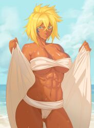1girl abs beach big_breasts bikini bleach blonde_hair breasts cleavage cloud cloudy_sky collarbone dark-skinned_female dark_skin facial_tattoo green_eyes highres large_breasts looking_at_viewer muscular muscular_female omzyman open_towel short_hair sky solo swimsuit tan tattoo tier_harribel towel water_drop