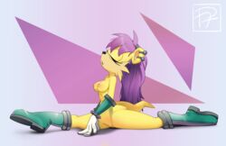 absurd_res anthro areola bangs boots breasts cheek_tuft closed_eyes clothing ear_piercing ear_ring feliscede female flexible footwear fur gloves hair hairband hand_on_ground herpestid hi_res long_hair mammal mina_mongoose mongoose mostly_nude nipples open_mouth pattern_background piercing purple_hair pussy raised_head signature simple_background smaller_version_at_source solo sonic_(series) splits spread_legs spreading tuft yellow_fur