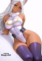 1girl ai_generated animal_ears artist_name bangs bare_shoulders blush boku_no_hero_academia breasts closed_mouth covered_navel crescent_print dark-skinned_female dark_skin fur_collar gloves highleg highleg_leotard large_breasts leotard long_eyelashes long_hair looking_at_viewer lying mirko miruko my_hero_academia nuageeart on_side parted_bangs purple_thighhighs rabbit_ears rabbit_girl red_eyes rumi_usagiyama sensitive simple_background sleeveless sleeveless_turtleneck sleeveless_turtleneck_leotard smile solo thick_thighs thighhighs thighs toned turtleneck turtleneck_leotard white_background white_gloves white_hair white_leotard wide_hips