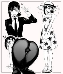 1girl :p absurdres all_fours ass bare_arms bare_shoulders blush bright_pupils chainsaw_man collared_shirt commentary dress dress_shirt embarrassed feet floral_print floral_print_dress full_body furrowed_brow greyscale hair_ornament hairclip hat higashiyama_kobeni highres inset_border jacket long_sleeves looking_at_viewer mole mole_under_eye mole_under_mouth monochrome multiple_views necktie open_mouth pants ponytail print_dress sandals shirt short_hair short_ponytail single_sidelock sleeveless sleeveless_dress sparkle standing straw_hat suit_jacket sun_hat sundress tight_clothes tight_pants toes tongue tongue_out v v_arms xandredarium xandredarium22