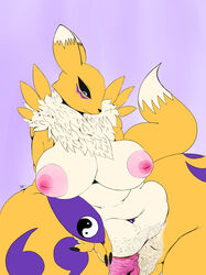 2018 anthro black_sclera blue_eyes breasts canid canine clitoris digimon digimon_(species) female fluffy fluffy_tail fur inverted_nipples mammal multicolored_fur navel navel_piercing neck_tuft neom-daddy nipples piercing pose pubes pussy renamon solo spread_pussy spreading thick_thighs tuft two_tone_fur white_fur yellow_fur