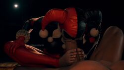 1boy 1girls 3d barefoot dc_comics feet fellatio female foot_fetish footjob harley_quinn liquidstar16 male oral oral_sex