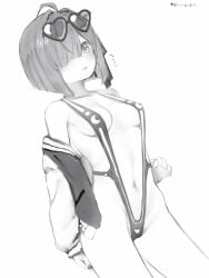 :p blush greyscale himemori_luna hololive jacket looking_at_viewer monochrome nanashi_(nlo) off_shoulder slingshot_swimsuit small_breasts thighs virtual_youtuber