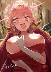 1girls accidental_exposure aru_(blue_archive) aru_(dress)_(blue_archive) blue_archive blush breast_slip breasts breasts_out clothes_lift commentary_request demon_horns dress earrings embarrassed gloves halo highres horns jewelry large_breasts long_hair nipples no_bra open_mouth pink_hair red_dress solo towofuya white_gloves yellow_eyes