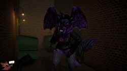 16:9 3d_(artwork) alley anthro arm_warmers armwear bag beanie blender_(artwork) blender_cycles_(artwork) bottomwear clothed clothing condom crouching digital_media_(artwork) dragon dumpster english_text fangs female fluffy fluffy_tail genitals glowing glowing_eyes glowing_markings hand_on_leg hat headgear headwear hi_res holding_condom holding_object hoodie horn jace_rodyn larger_female legwear looking_at_viewer looking_down looking_down_at_viewer markings mythological_creature mythological_scalie mythology neck_tuft no_underwear one_eye_closed pussy_peek retro_raptor scalie sexual_barrier_device size_difference skirt solo stockings tail teeth text topwear trash_bag tuft vulva watermark widescreen wings wink