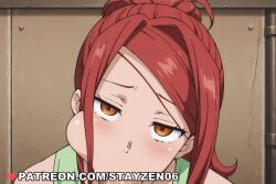 1boy 1girl :>= ai ai_art ai_generated blush brown_eyes cheek_bulge enen_no_shouboutai fellatio head_tilt hetero long_hair looking_at_viewer mature_female oral orange_eyes penis ponytail pov red_hair solo_focus swept_bangs tank_top uncensored