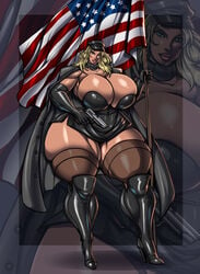 absurdres american_flag blonde_hair breasts cleavage female female_only gigantic_breasts gun highres huge_ass huge_breasts muscular_female original osmar-shotgun solo thick_thighs