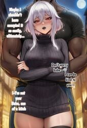 1boy 1girls ai_generated akyoi bedroom big_ass big_breasts black_dress black_lipstick blush caption comic dark-skinned_male doujinshi looking_at_viewer netorare ntr original_character patreon red_eyes short_hair text white_hair