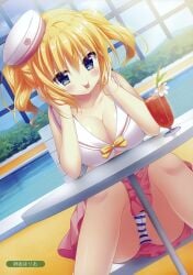 arm_support bare_arms bare_shoulders blonde_hair blue_eyes blue_sky blush breasts cleavage cloud crop_top cup day drink drinking_glass dutch_angle female female_only flower hat indoors knees_up large_breasts melonbooks nipples panties pink_skirt pleated_skirt pool shirt shiwasu_horio sidelocks sitting skirt sky solo striped tilted_headwear twintails water white_flower white_hat white_shirt