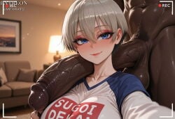 1boy 1girl ai_generated blue_eyes blurry_background blush breasts closed_mouth clothed_female_nude_male clothes_writing dark-skinned_male dark_skin erection grey_hair hair_between_eyes hetero huge_penis indoors interracial large_breasts large_penis lips looking_at_viewer male_pubic_hair nude penis pubic_hair raglan_sleeves recording selfie shirt short_hair smile testicles uncensored uzaki-chan_wa_asobitai! uzaki_hana vantawaifu veins veiny_penis very_dark_skin