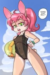 2:3 anthro areola ball beach_ball breasts clitoral_hood clitoris clothed clothing daigaijin dialogue digital_media_(artwork) english_text female fishnet_clothing fishnet_swimwear fur genitals hair hi_res holding_ball holding_object inflatable lagomorph leporid looking_at_viewer mammal navel nipples one-piece_swimsuit open_mouth outside rabbit solo speech_bubble standing swimwear tail talking_to_viewer text translucent translucent_clothing translucent_swimwear vulva
