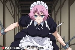 1girl ai ai_art ai_generated anime_coloring apron blue_eyes breasts chain cuffs dress fairy_tail frown hallway large_breasts looking_at_viewer maid maid_apron maid_headdress pink_hair shackles short_hair solo thighhighs white_apron white_thighhighs