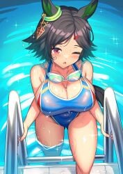 1girls after_swimming animal_ears animal_tail artist_request bandage bandaid bandaid_on_face black_hair blue_one-piece_swimsuit blush blushing breasts cleavage climbing_ladder collarbone cygames ear_ornament eyebrows_visible_through_hair feet_out_of_frame female goggles_around_neck hairclip horse_ears horse_girl horse_tail large_breasts liquid_between_breasts navel_visible_through_clothes one-piece_swimsuit one_eye_closed open_mouth pool pool_ladder red_eyes short_hair sideboob solo sparkles swimming_goggles swimsuit thick_thighs thighs tummy_bulge umamusume umamusume_pretty_derby water water_drop wet wet_body winning_ticket_(umamusume)