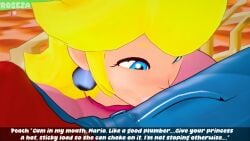 1boy1girl 3d animated assertive_female blonde_hair bridal_carry cum cum_in_mouth implied_oral lifting_person mario mario_(series) oral princess princess_peach roseza size_difference sound straight stray_pubic_hair super_mario_bros. tagme unprofessional_behavior video