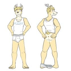 1:1 anthro anus barefoot bennett_cervinus blonde_hair blue_eyes briefs butt clothed clothing deer detailed_anus feet front_view fuze hair hand_on_butt hand_on_own_butt hi_res looking_at_viewer looking_back male mammal partially_clothed presenting presenting_anus rear_view scut_tail shirt short_tail simple_background smile smiling_at_viewer solo spread_anus spread_butt spreading spreading_own_butt standing tail tank_top text text_on_clothing tighty_whities topwear underwear underwear_down white_briefs white_clothing white_underwear