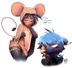 2boys anthro dark-skinned_femboy dark-skinned_male dark_skin dialogue erection femboy garter_belt garter_straps highres hood hoodie jerry_mouse large_penis lift male mouse multiple_boys panties penis pokilewd shoes tail thick_thighs thighhighs thighs tom_and_jerry tom_cat trap underwear whiskers