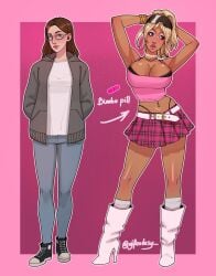 1girls ajfantasy before_and_after big_lips bimbo bimbo_lips bimbofication cleavage converse_shoes eyeshadow female female_only glasses high_heels hourglass_figure lipstick makeup miniskirt navel_piercing piercing pink_clothing revealing_clothes skirt thick_lips thong_straps