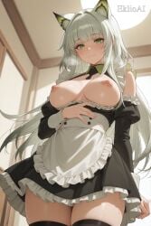 ai-created ai_art ai_assisted ai_generated arknights artist:eklioai ass big_ass big_breasts big_butt big_nipples big_thighs breasts breasts_out cat_ears curvy curvy_body curvy_female curvy_figure curvy_hips eklioai exposed_breasts exposed_nipples green_eyes grey_hair kal'tsit_(arknights) long_hair maid maid_uniform