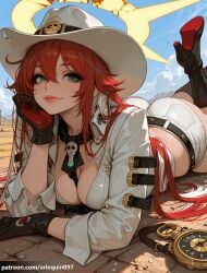 1girl ai_generated arlequin097 ass belt black_belt black_footwear black_gloves blue_sky boots breasts cleavage closed_mouth collared_shirt compass_rose_halo cowboy_hat day gloves green_eyes guilty_gear guilty_gear_strive hair_between_eyes halo hat high_heel_boots high_heels jack-o'_valentine large_breasts lips long_hair long_sleeves looking_at_viewer lying multicolored_hair on_stomach outdoors red_hair shirt shorts sky smile solo the_pose two-tone_gloves two-tone_hair white_hair white_headwear white_shirt white_shorts