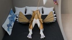 16:9 3d_(artwork) anthro anus ass_up avali avian bed bird blender_(artwork) blender_cycles_(artwork) butt digital_media_(artwork) feathers female furniture genitals halfnar hi_res nude paws solo tail vulva widescreen