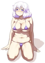 1girl 1girls ass ass_visible_through_thighs belly belly_button big_breasts bikini blush blushing_at_viewer breasts cameltoe chubby cleavage collarbone curvy embarrassed female_only half-closed_eyes hands_on_floor itou_yuuji large_breasts letty_whiterock light_blush looking_at_viewer medium_hair micro_bikini missing_headwear navel nervous no_pupils plump purple_bikini purple_eyes seiza simple_background sitting skindentation sole_female solo solo_female solo_focus stomach sweat sweatdrop swimsuit swimwear thighs touhou white_background white_hair wide_hips