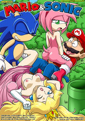 2boys 2girls amy_rose anthro blonde_hair blue_eyes boots breasts bush bushes closed_eyes comic crossover crown dress dress_pull enjoying eyelashes female forest gloves grass green_eyes happy happy_sex interspecies leg_grab legs lipstick male mario mario_(series) mobius_unleashed moustache navel nintendo nipples on_back one_eye_closed outdoor_sex outdoors palcomix penetration penis pink_dress pink_fur pink_hair princess_peach pussy royalty sega sex sideboob smile sonic_(series) sonic_the_hedgehog sonic_the_hedgehog_(series) super_mario_bros. tail title tongue_out vagina warp_pipe