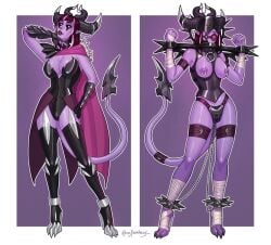 1girls ajfantasy ball_gag before_and_after bondage bound bound_ankles bound_neck bound_wrists chains cleavage female female_only femsub gag gagged nipple_piercing piercing purple_skin yoke_(restraint)